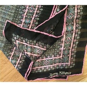 DANY FRANCOIS PARIS Black With Pink/Teal Scarf 100% silk EUC  33” X 33”